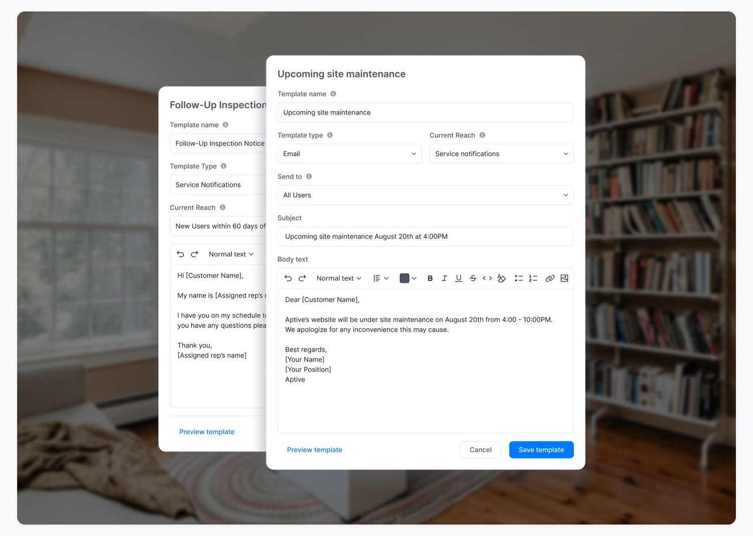 Internal communication tool interface for email and SMS messages
