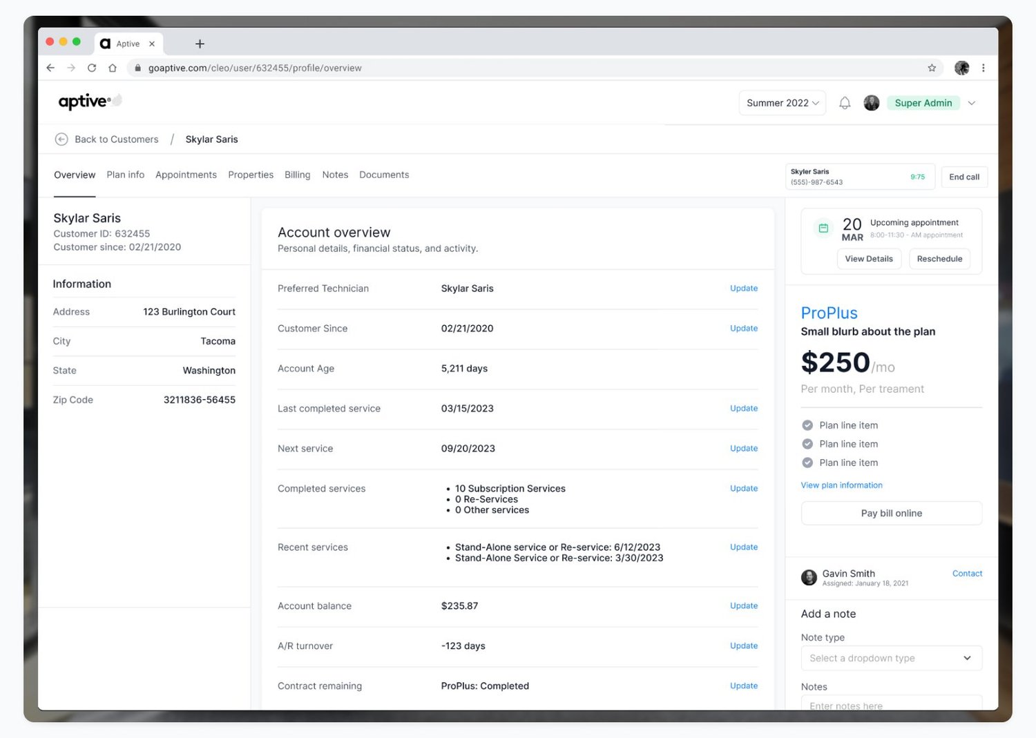 Customer account overview screen