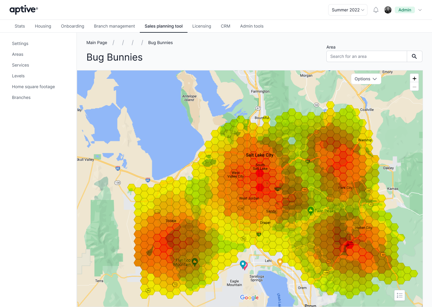 Sales Planning Tool map showing opportunity density across a territory.