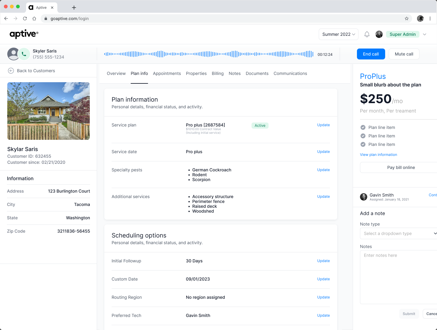 Aptive CRM service plan with scheduling details and customer communication controls.