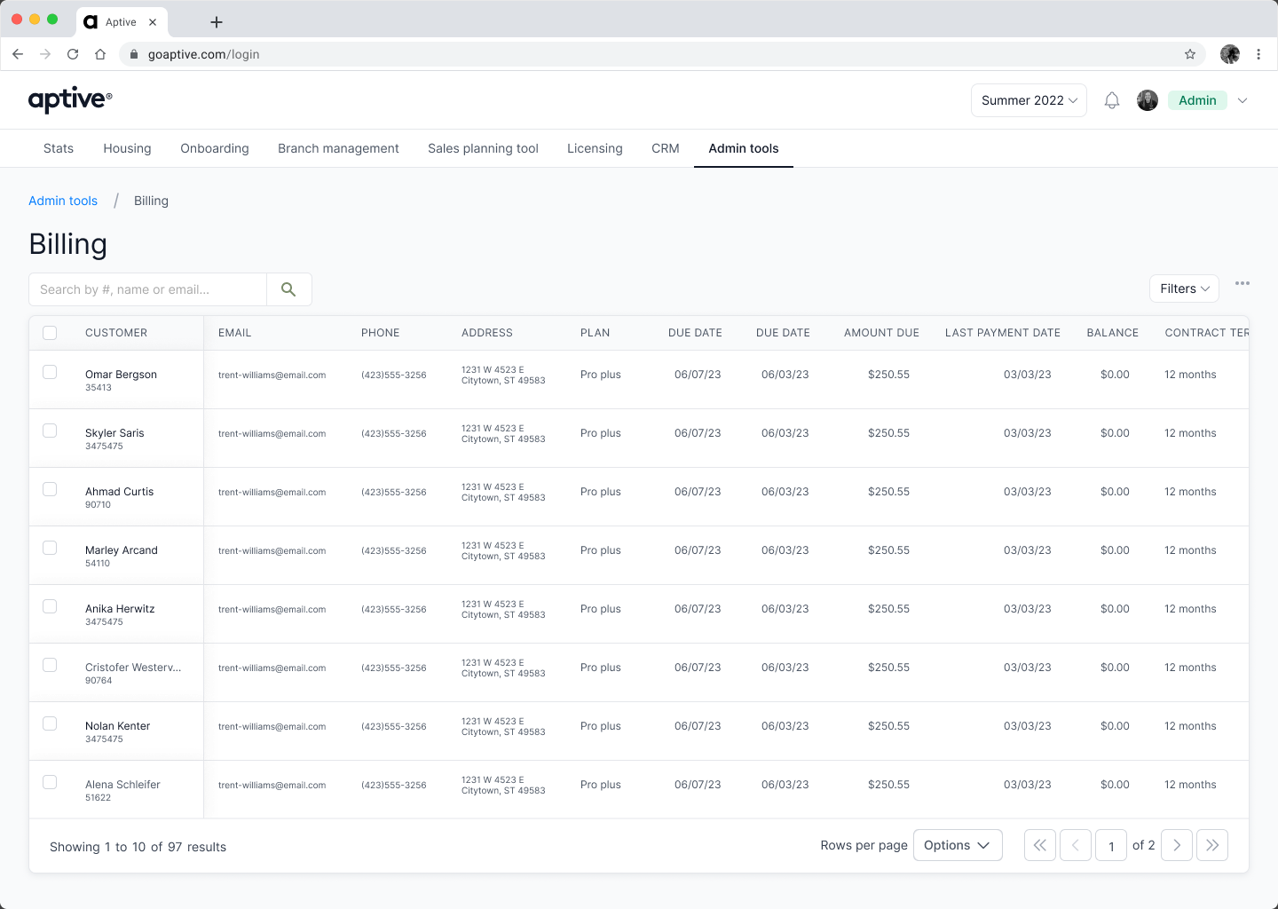 Aptive billing administration customer list with search filters and account balances