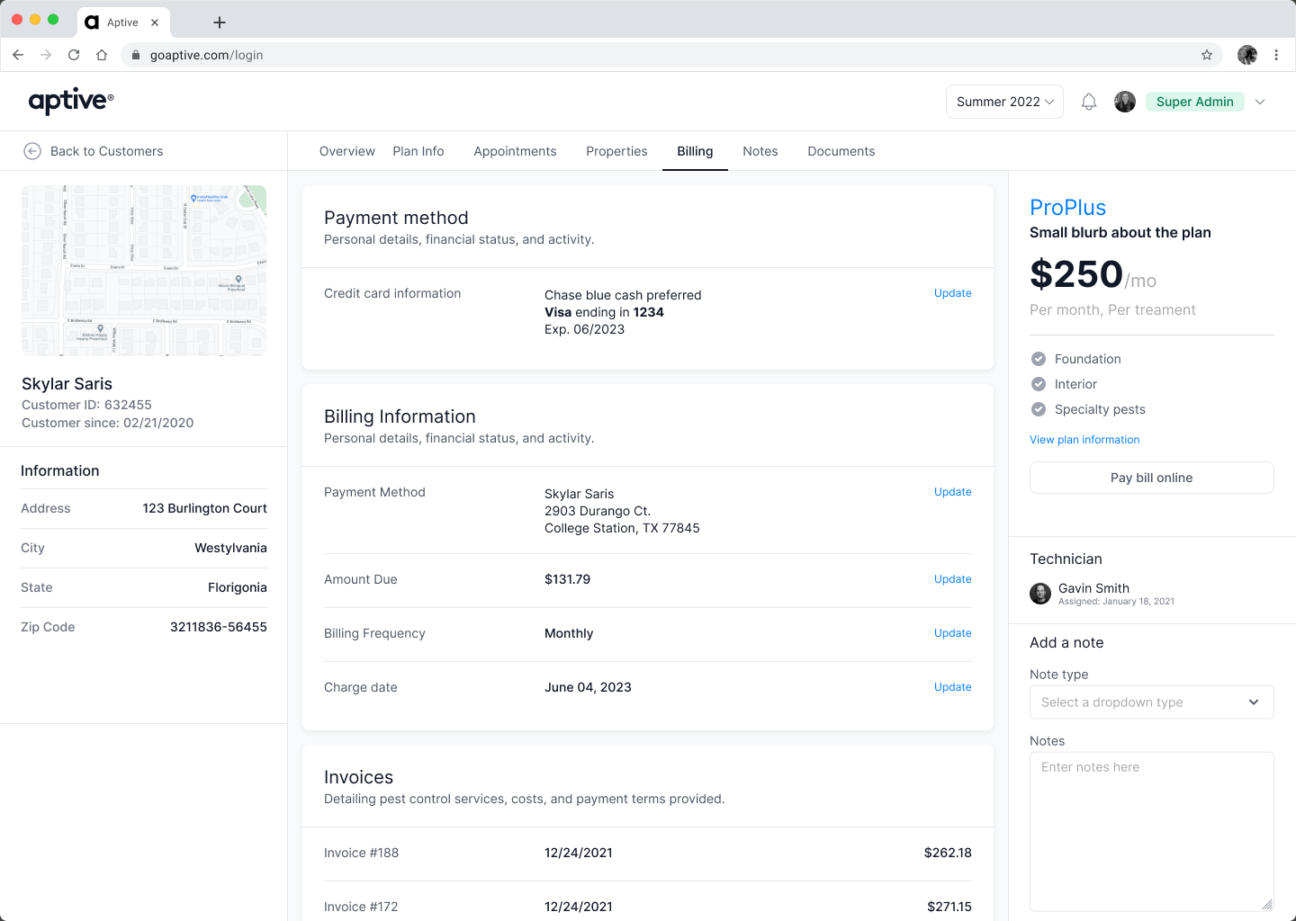 Aptive customer billing details with payment method invoices and account information