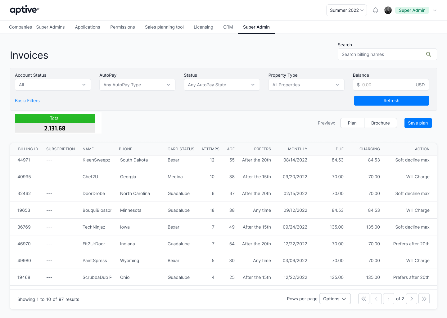 Aptive invoice management interface with advanced filters balance controls and invoice table