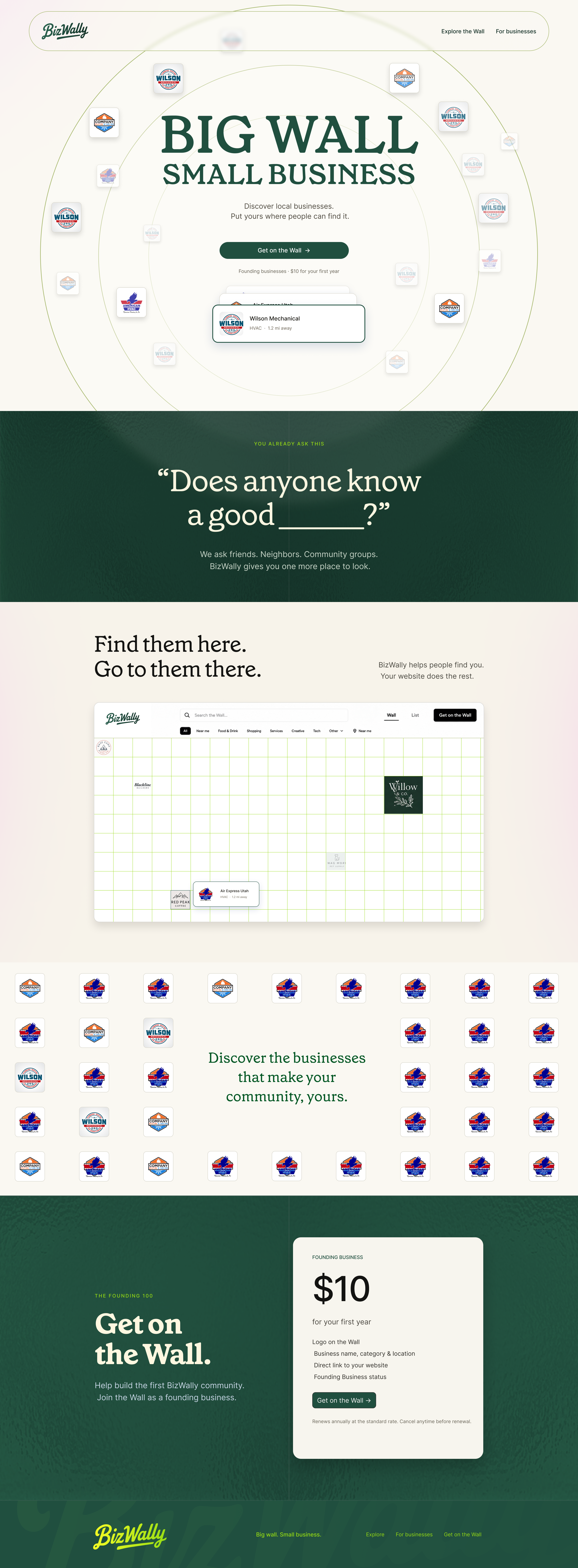 BizWally marketing site promoting local business discovery and its founding business program
