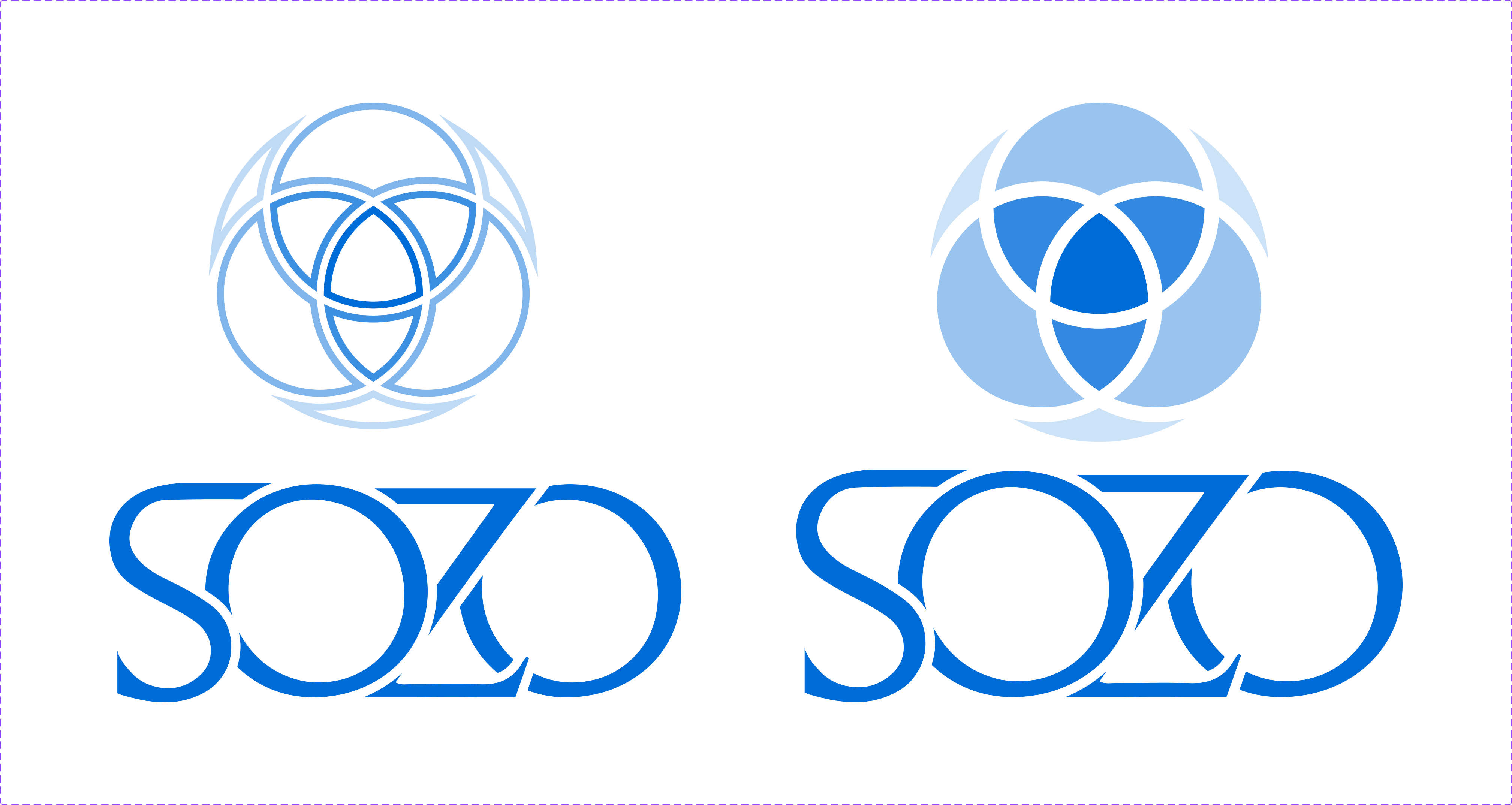 Sozo logo design exploration showing geometric construction, symbol variations, and wordmark applications