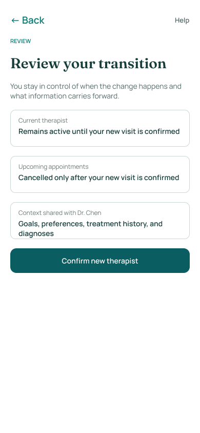 Tava concept transition review showing care continuity appointment handling and shared context
