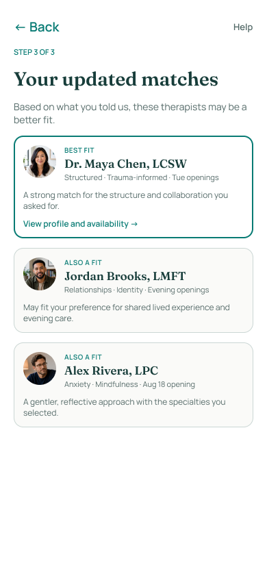 Tava concept showing updated therapist recommendations based on a client's care preferences