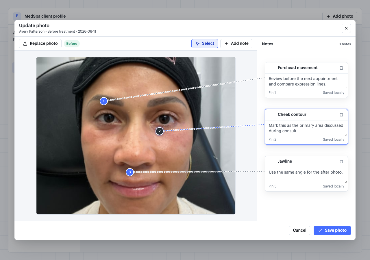 Podium MedSpa photo annotation workspace connecting treatment notes to precise areas of a client image