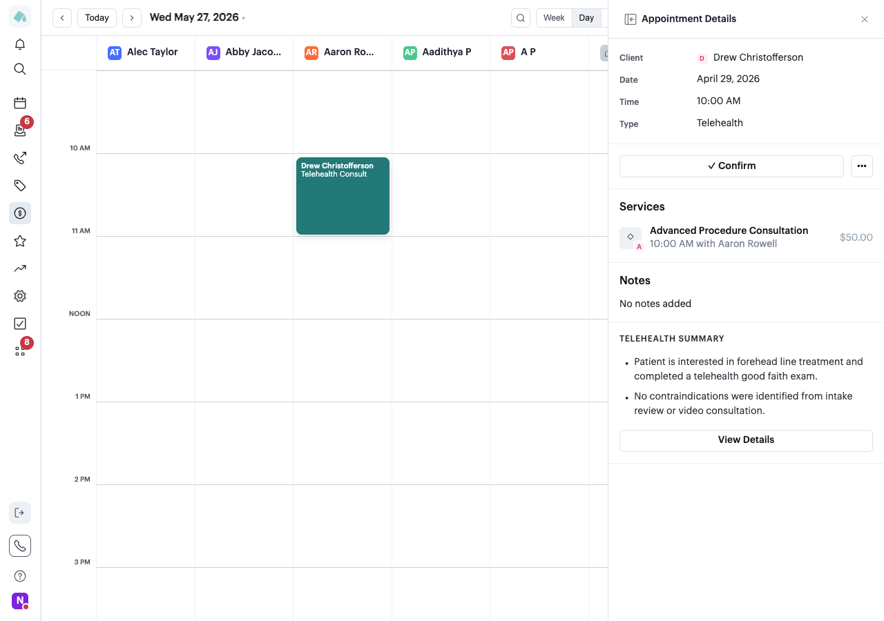 Podium MedSpa calendar with telehealth appointment details and a concise consultation summary