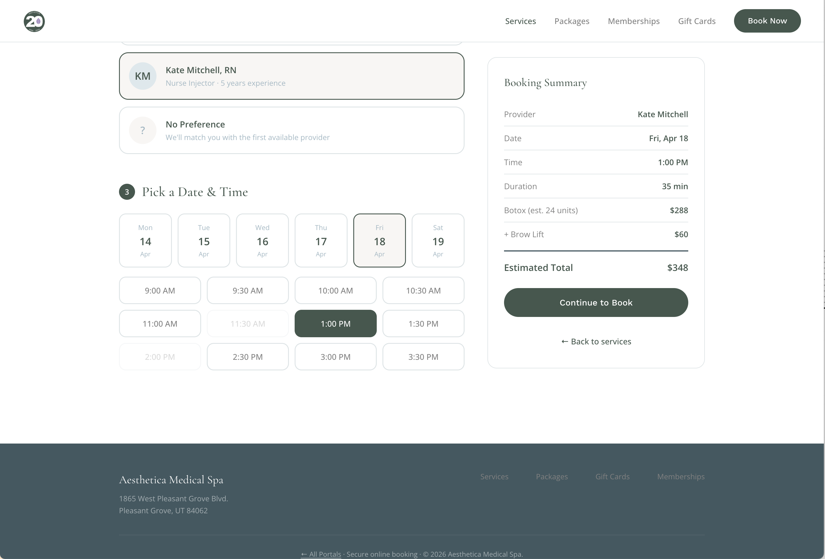 Appointment date and time selection screen with provider choice, time slots, and booking summary.