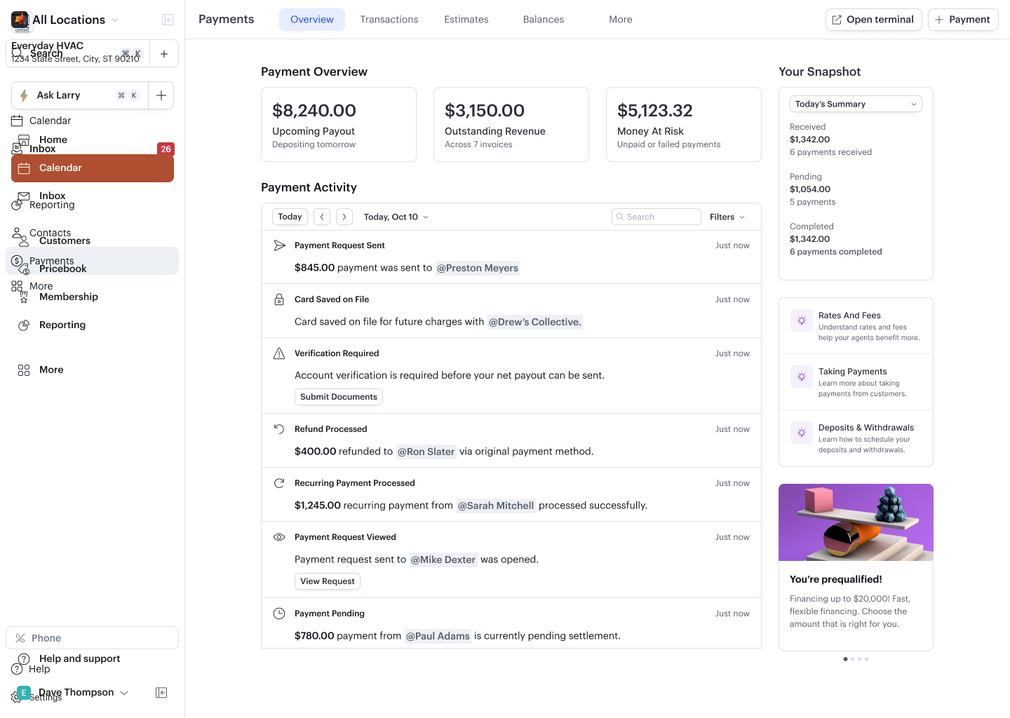 Podium payments overview showing revenue metrics transaction activity and financial guidance